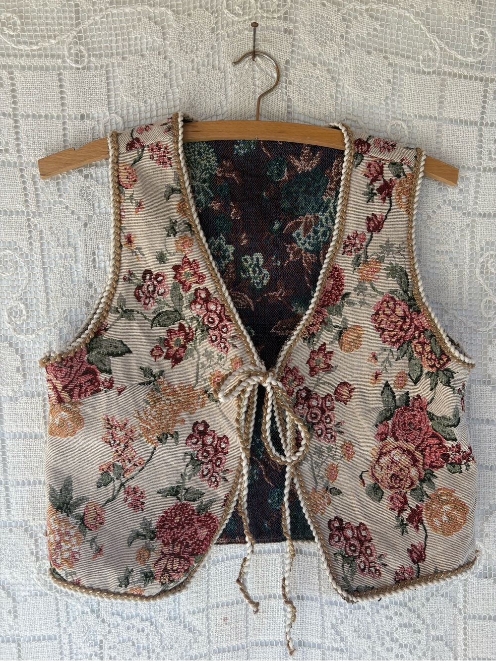 Floral Tapestry Tie-Front Vest - Cream with Rose and Green Accents